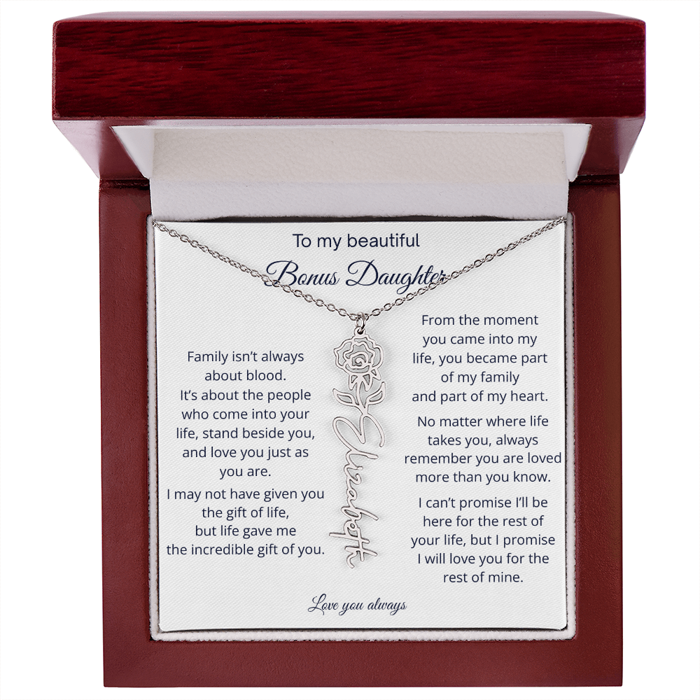 Bonus Daughter Jewelry Gift - Personalized Birth Flower Name Necklace