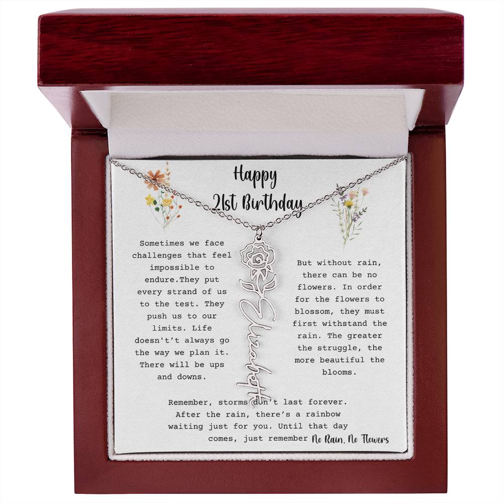 No Rain, No Flowers - Happy 21st Birthday - Flower Name Necklace
