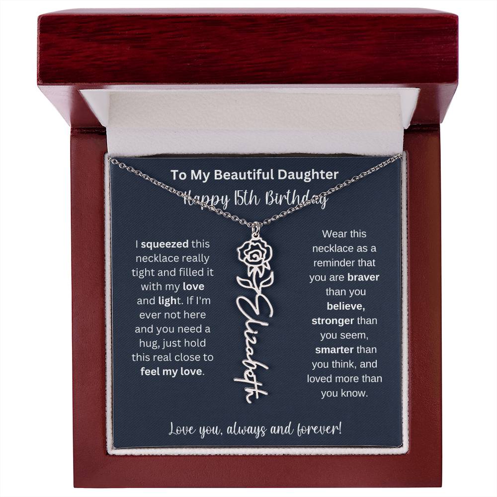 15th Birthday Gift For My Beautiful Daughter | Personalized Flower Name Necklace