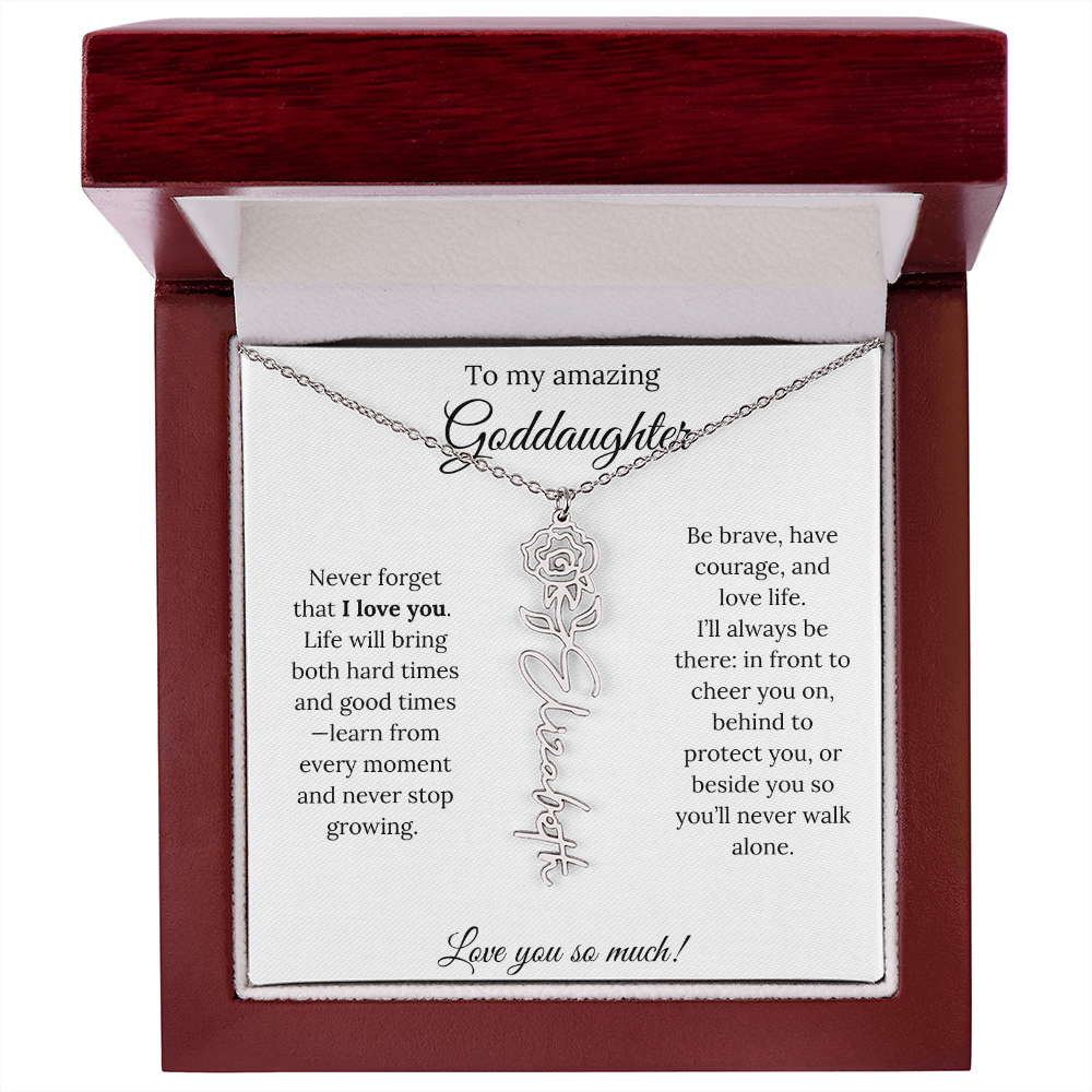 Never Forget I Love You Goddaughter Necklace – Personalized Birth Flower Jewelry + Quote Card Gift for Birthday
