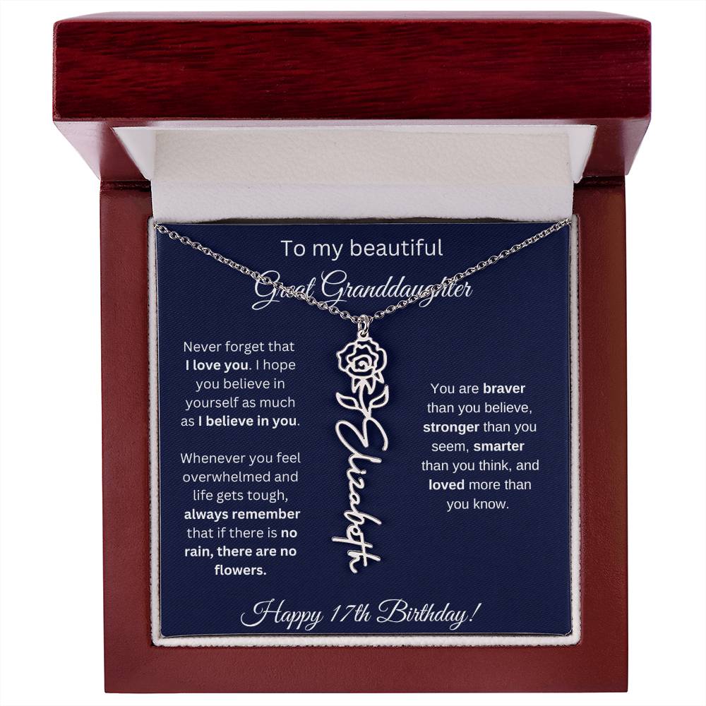 17th Birthday Gift For Great Granddaughter - Birthmonth Flower Name Necklace