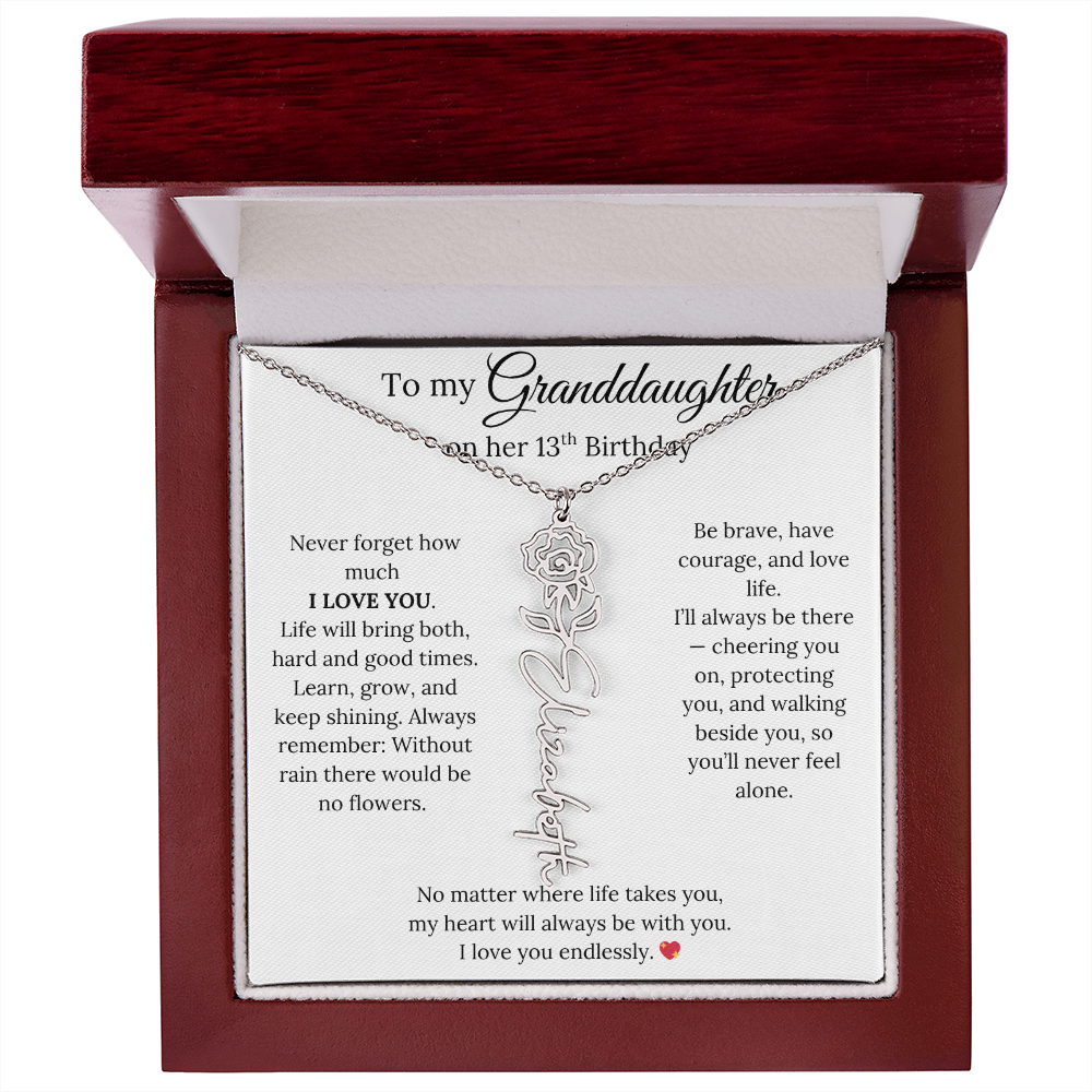 13th Birthday Gift For Granddaughter - Personalized Flower Name Necklace
