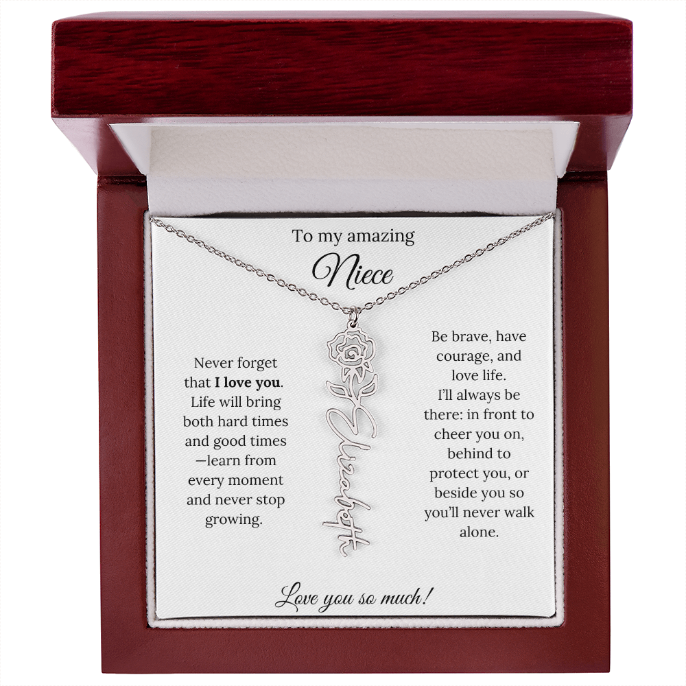 Niece Gift – Birth Flower Name Necklace + Inspiring Message Card