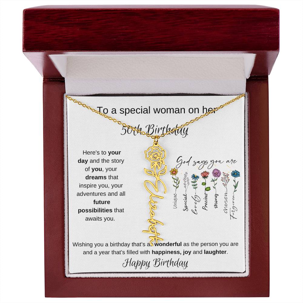 To A Special Woman On Her 50th Birthday - Flower Name Necklace