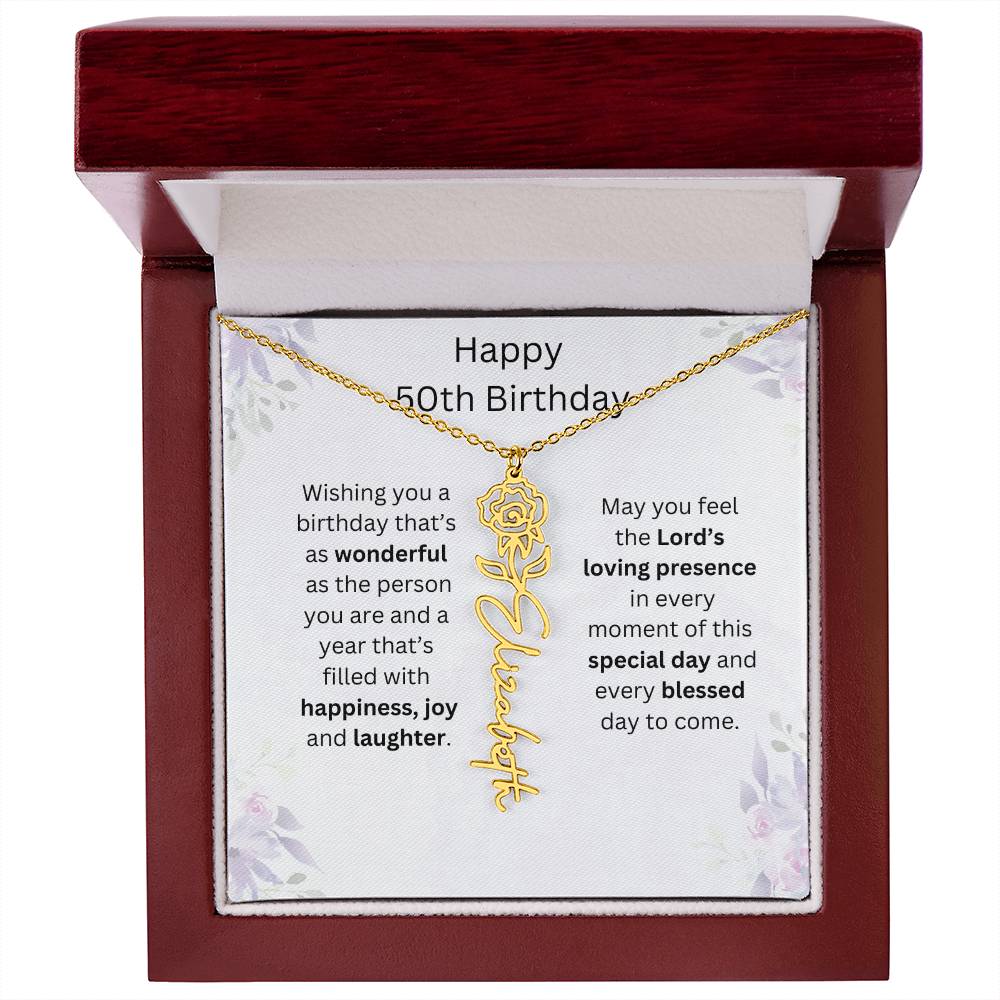 Wishing You Happiness, Joy & Laughter - Happy 50th Birthday | Flower Name Necklace