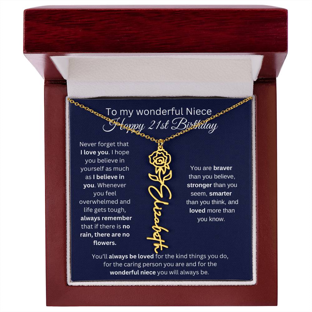 To My Wonderful Niece | Happy 21st Birthday | Flower Name Necklace