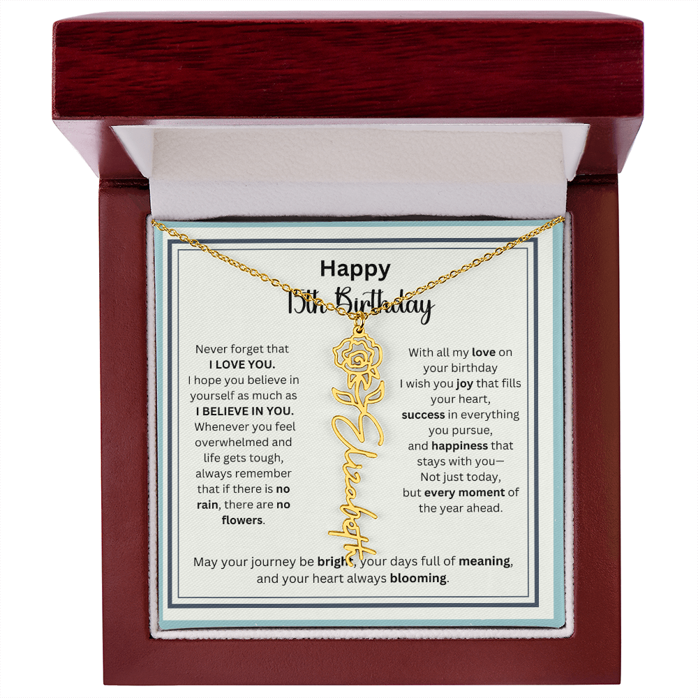 Personalized 15th Birthday Gift for Her - Birth Flower Necklace with Card