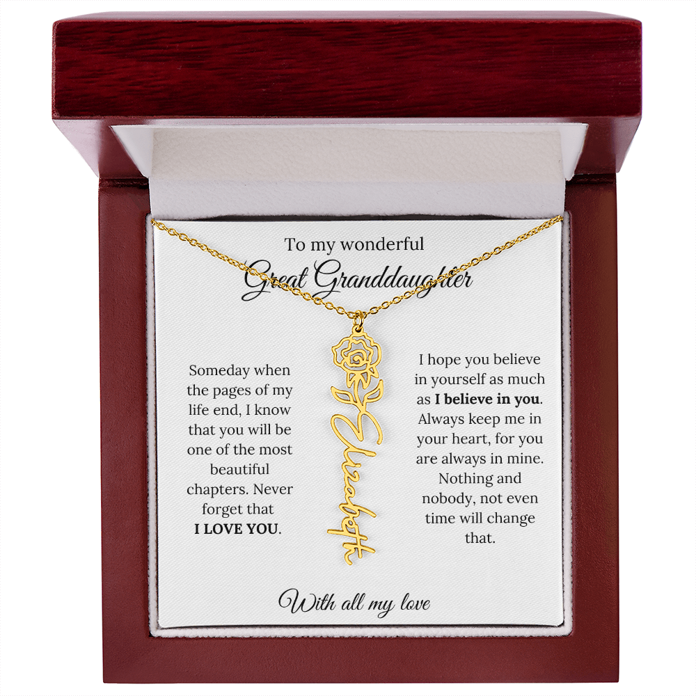 Great Granddaughter Birth Flower Name Necklace – “You Are One of the Most Beautiful Chapters” – Custom Keepsake Jewelry Gift