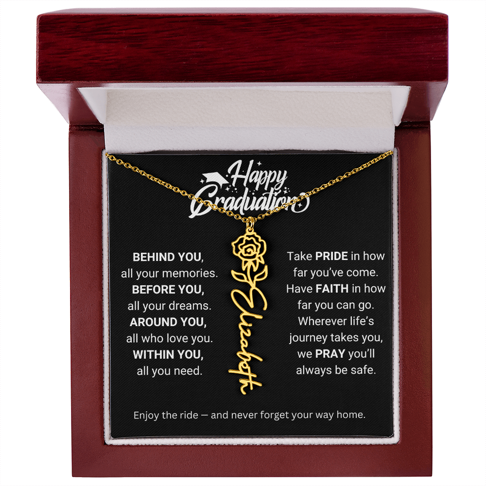 Happy Graduation | Enjoy The Ride & Never Forget Your Way Home | Flower Name Necklace