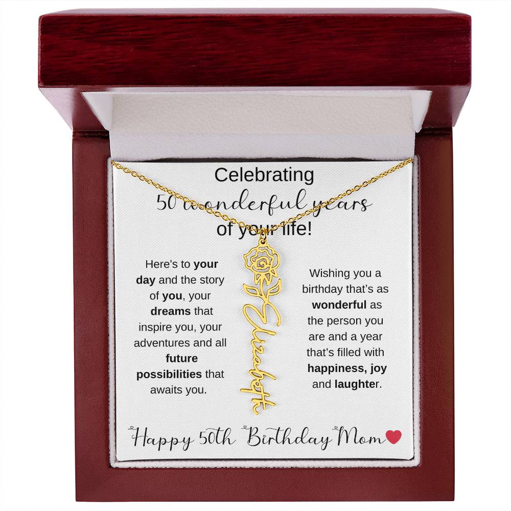 Happy 50th Birthday Mom - Flower Name Necklace