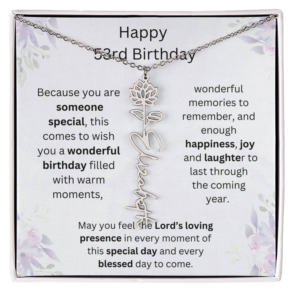 Wishing You Happiness, Joy & Laughter - Happy 53rd Birthday | Flower Name Necklace