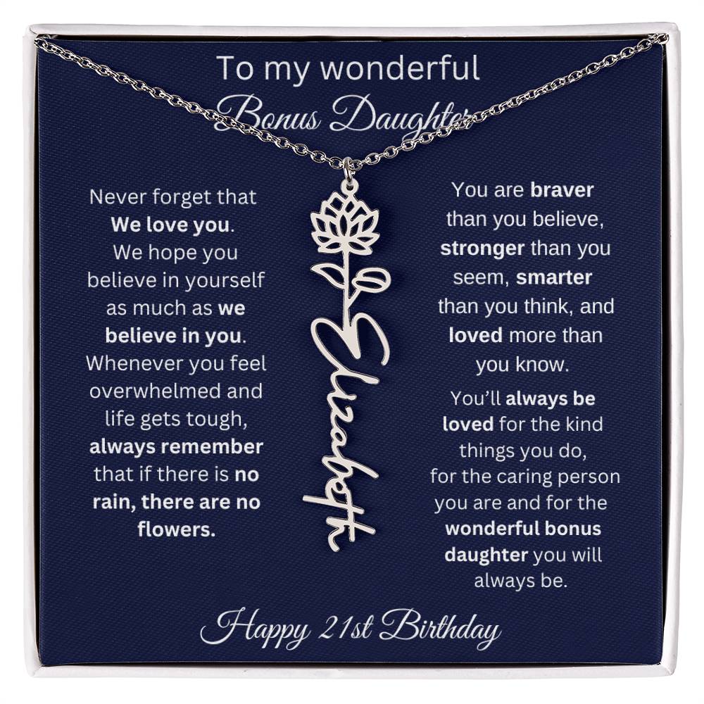 21st Birthday Gift For Bonus Daughter - Personalized Birthmonth Flower Name Necklace