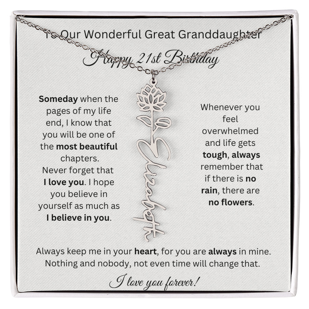 Birthflower Name Necklace To My Great Granddaughter's 21st Birthday