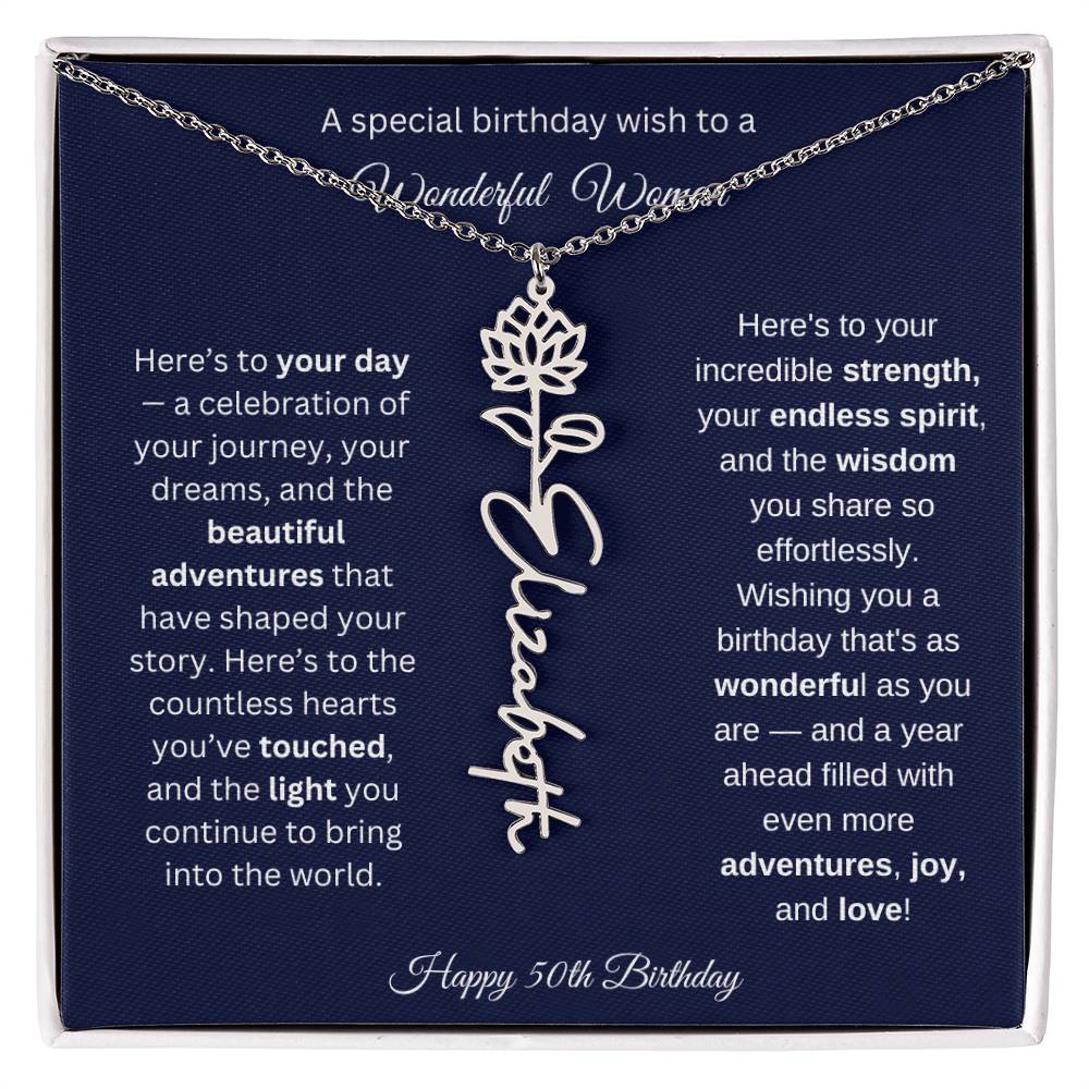 Happy 50th Birthday - Personalized Birth Flower Name Necklace with Message Card
