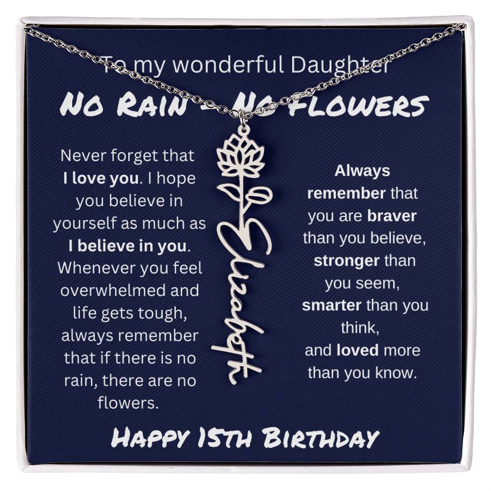 No Rain - No Flower | Happy 15th Birthday | Flower Name Necklace