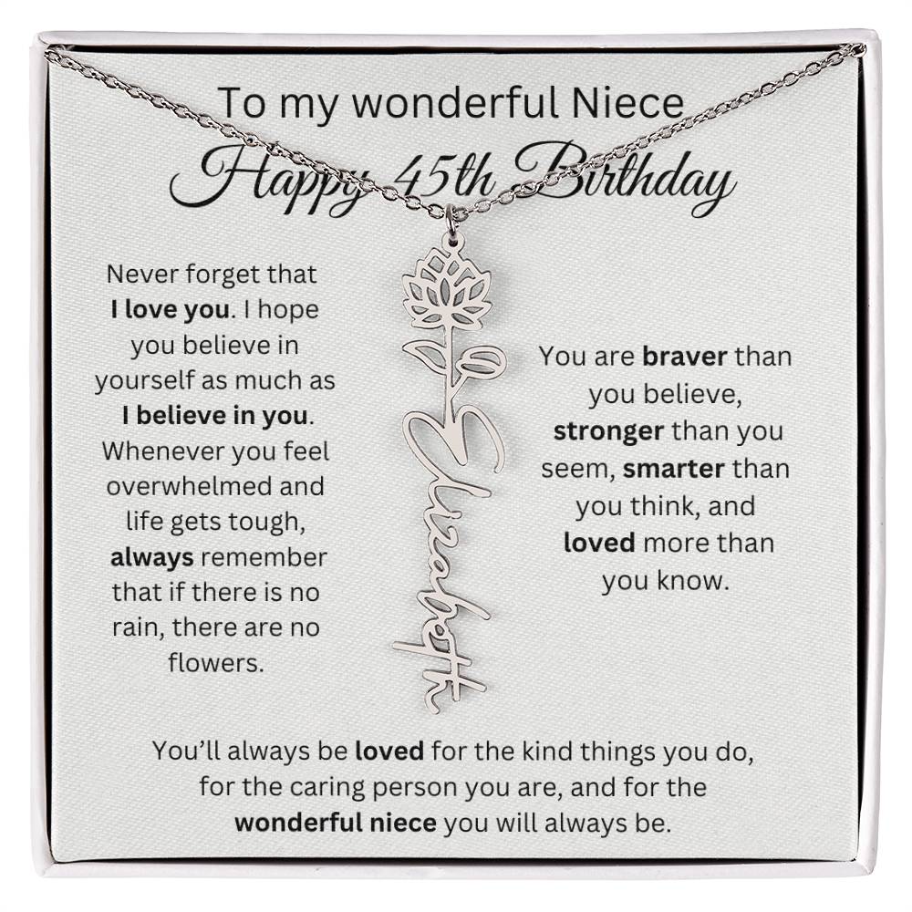 To My Wonderful Niece Happy 45th Birthday - Flower Name Necklace