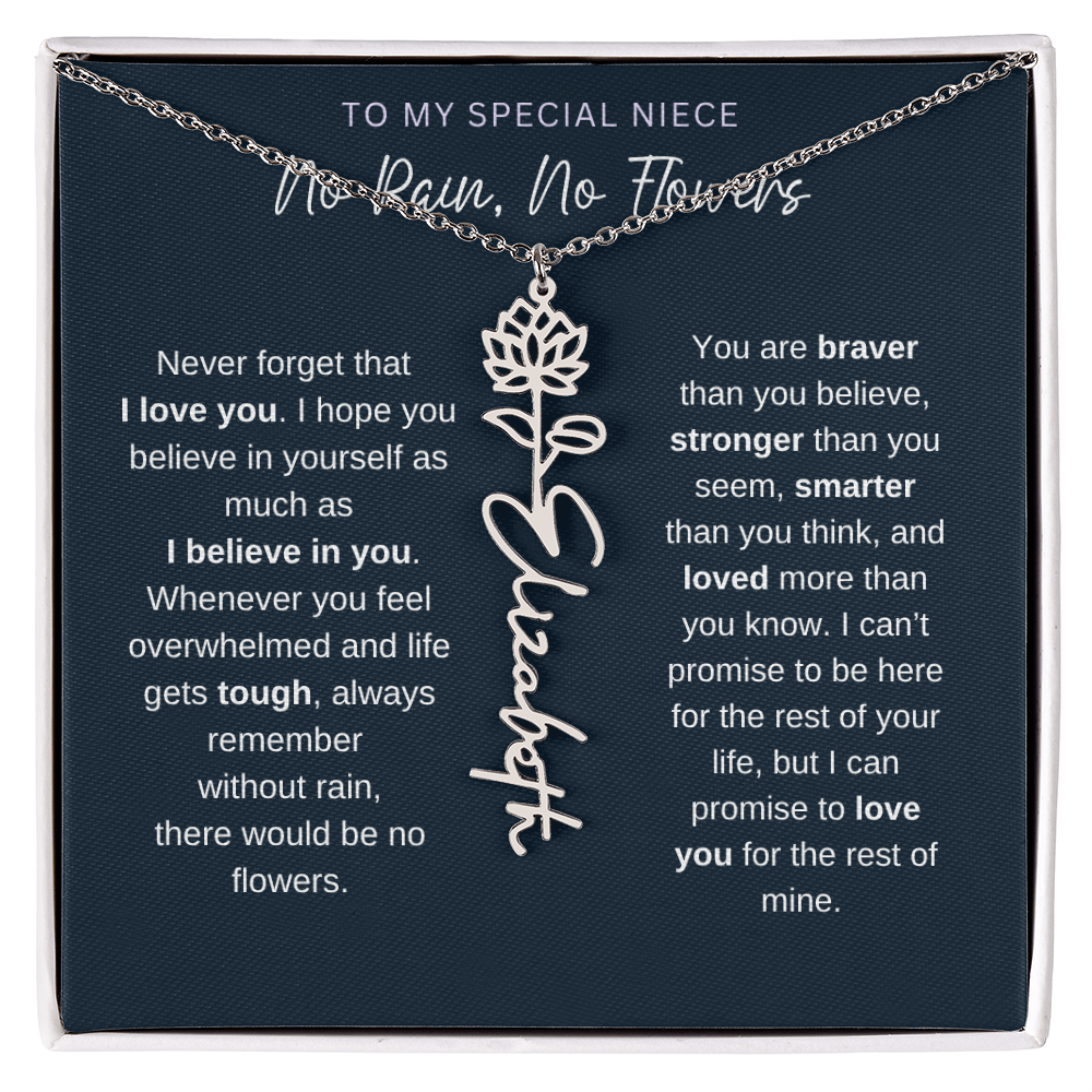 To My Special Niece | No Rain, No Flowers | Birth Flower Name Necklace