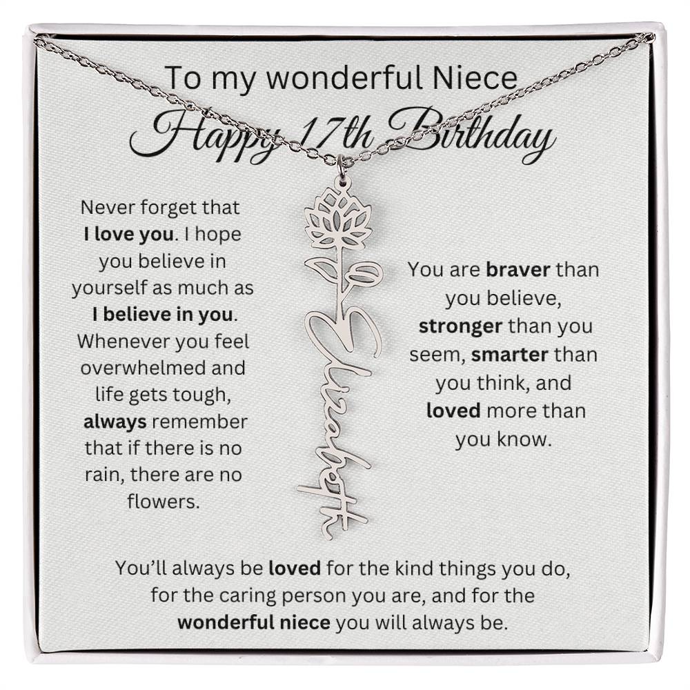 To My Wonderful Niece Happy 17th Birthday - Flower Name Necklace