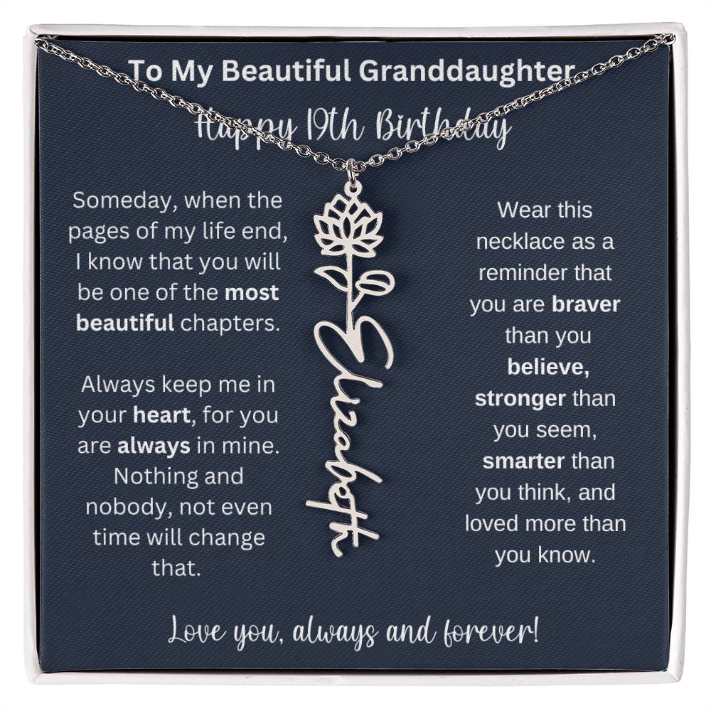 19th Birthday Gift For Granddaughter | Personalized Birth Flower Name Necklace