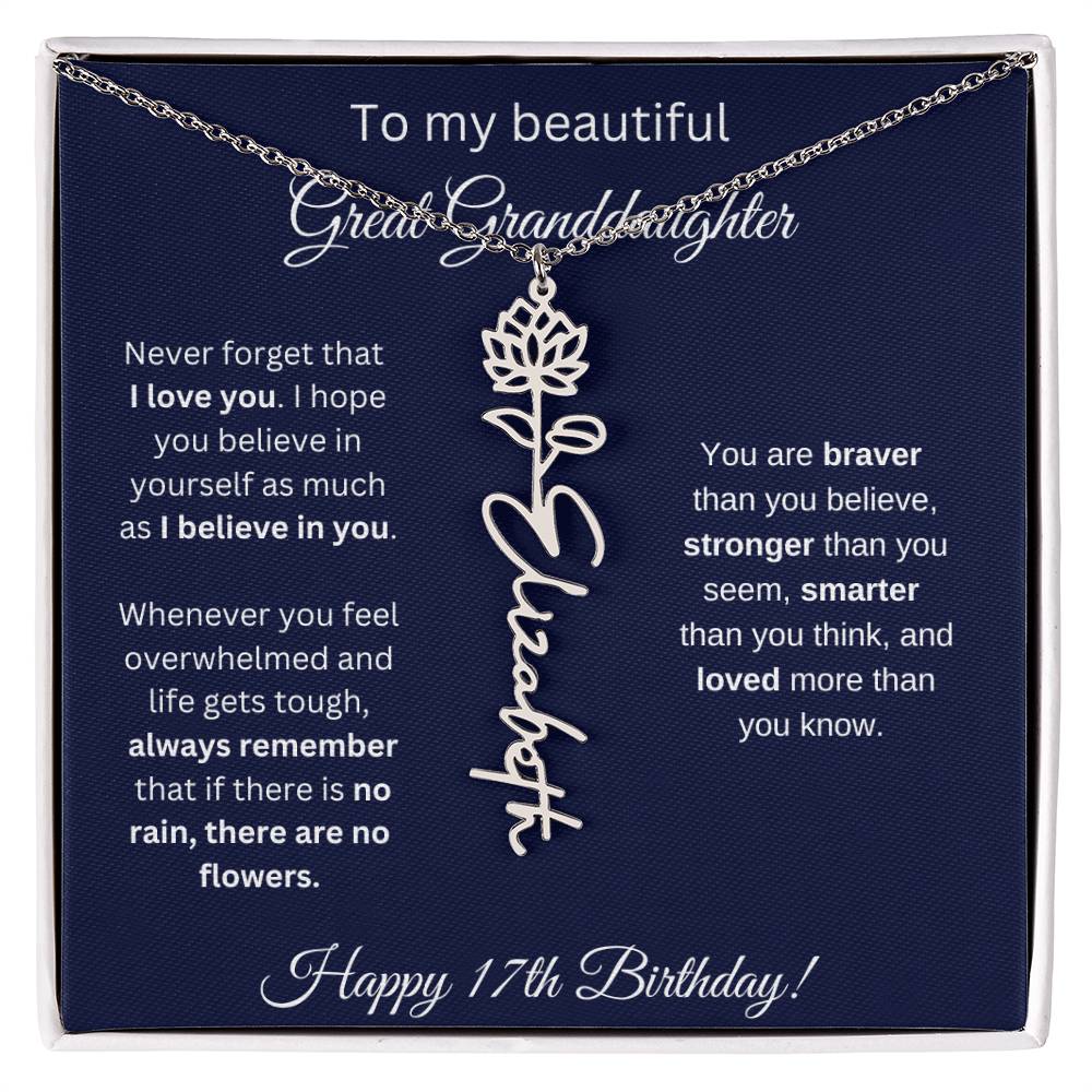 17th Birthday Gift For Great Granddaughter - Birthmonth Flower Name Necklace