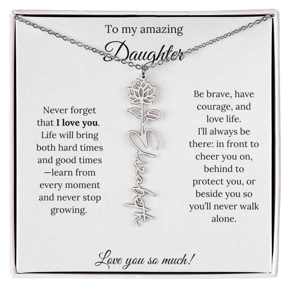 Personalized Daughter Necklace with Birth Flower Name & Inspiring Quote Card
