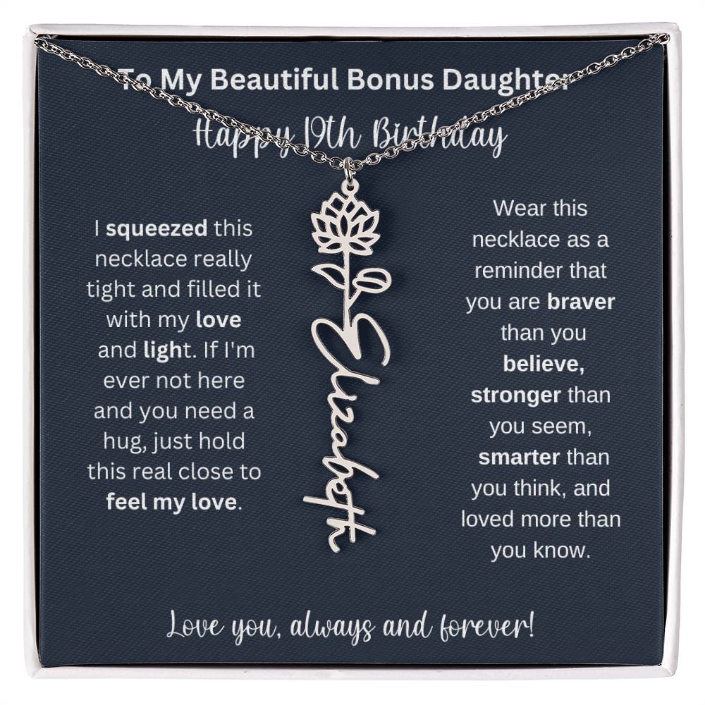 To My Beautiful Bonus Daughter | Happy 19th Birthday | Flower Name Necklace