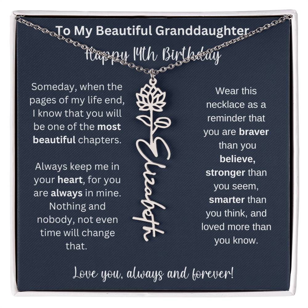 14th Birthday Gift For Granddaughter | Personalized Birth Flower Name Necklace