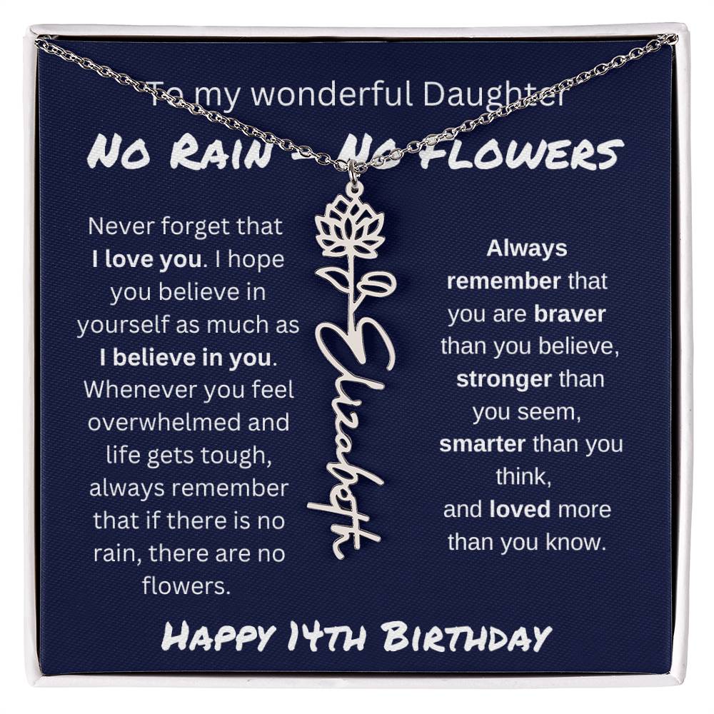 No Rain - No Flower | Happy 14th Birthday | Flower Name Necklace