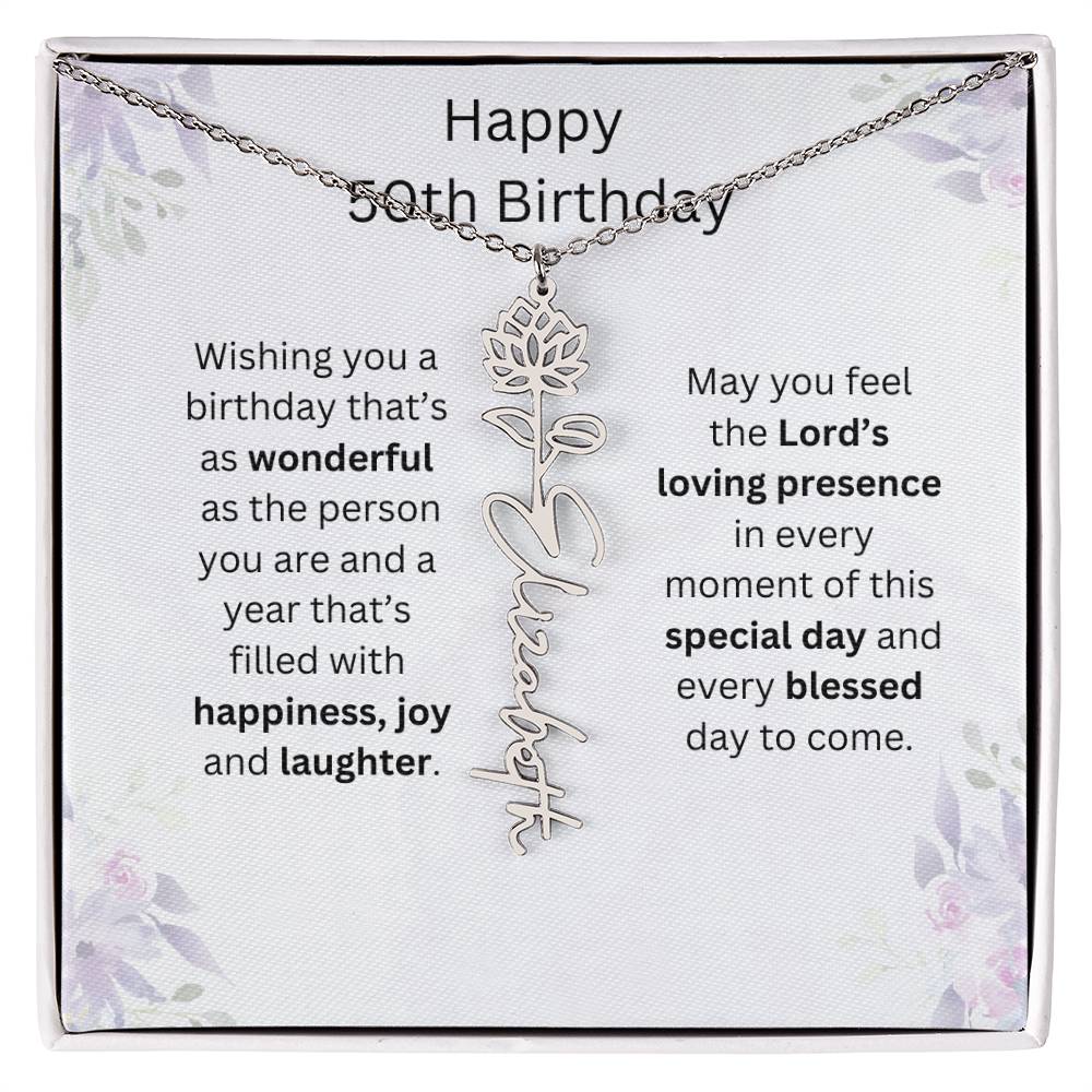 Wishing You Happiness, Joy & Laughter - Happy 50th Birthday | Flower Name Necklace