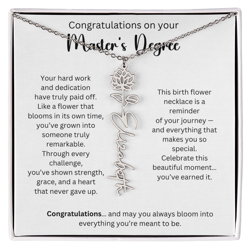 Personalized Masters Graduation Keepsake Gift - Birth Flower Name Necklace