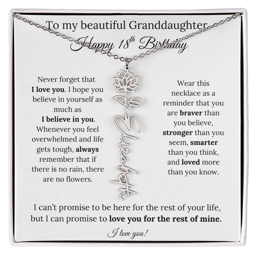 18th Birthday Gift for Granddaughter Flower Name Necklace with Message Card