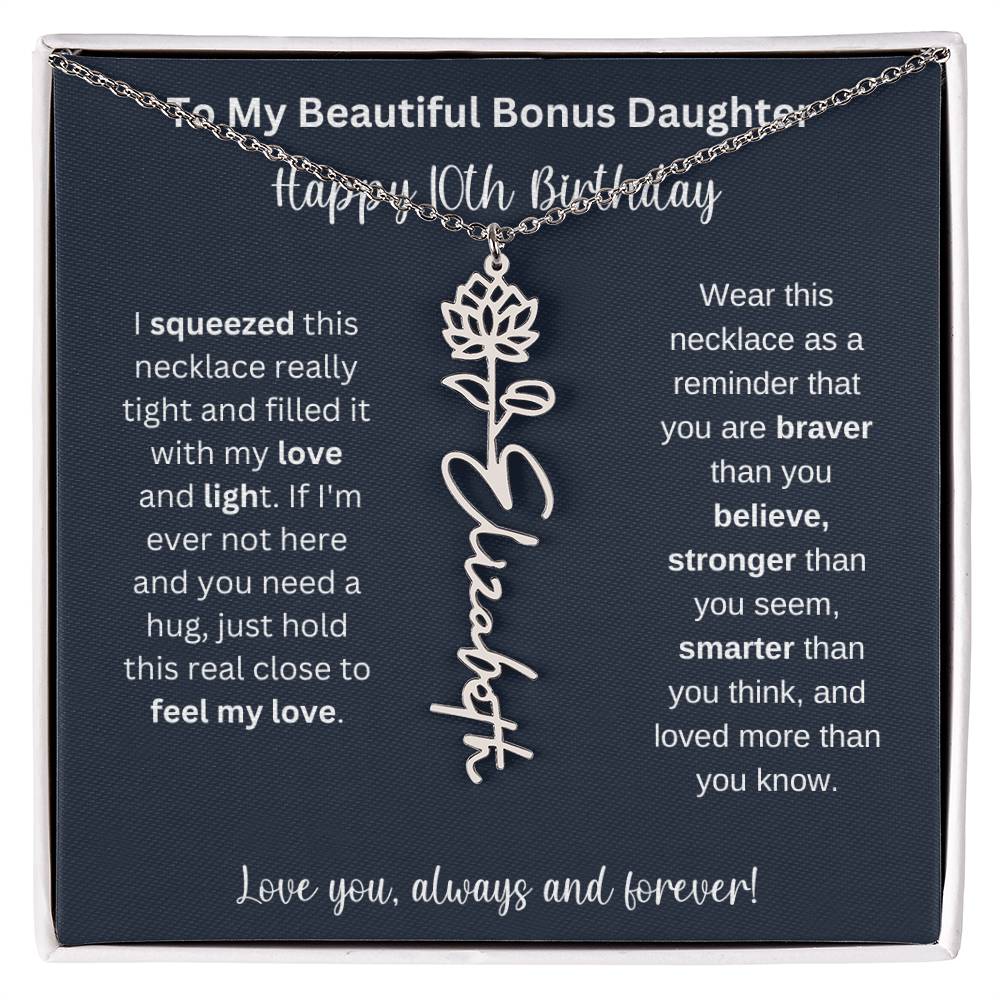 To My Beautiful Bonus Daughter | Happy 10th Birthday | Flower Name Necklace