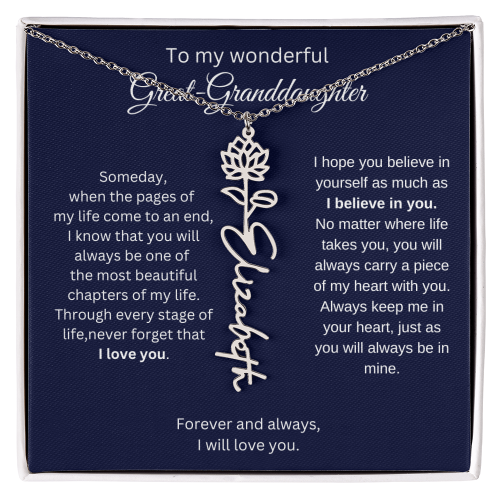 Great Granddaughter Jewelry Gift - Birth Flower Name Necklace
