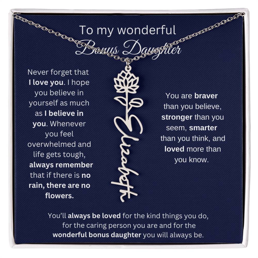 To My Wonderful Bonus Daughter - I Love You - Flower Name Necklace
