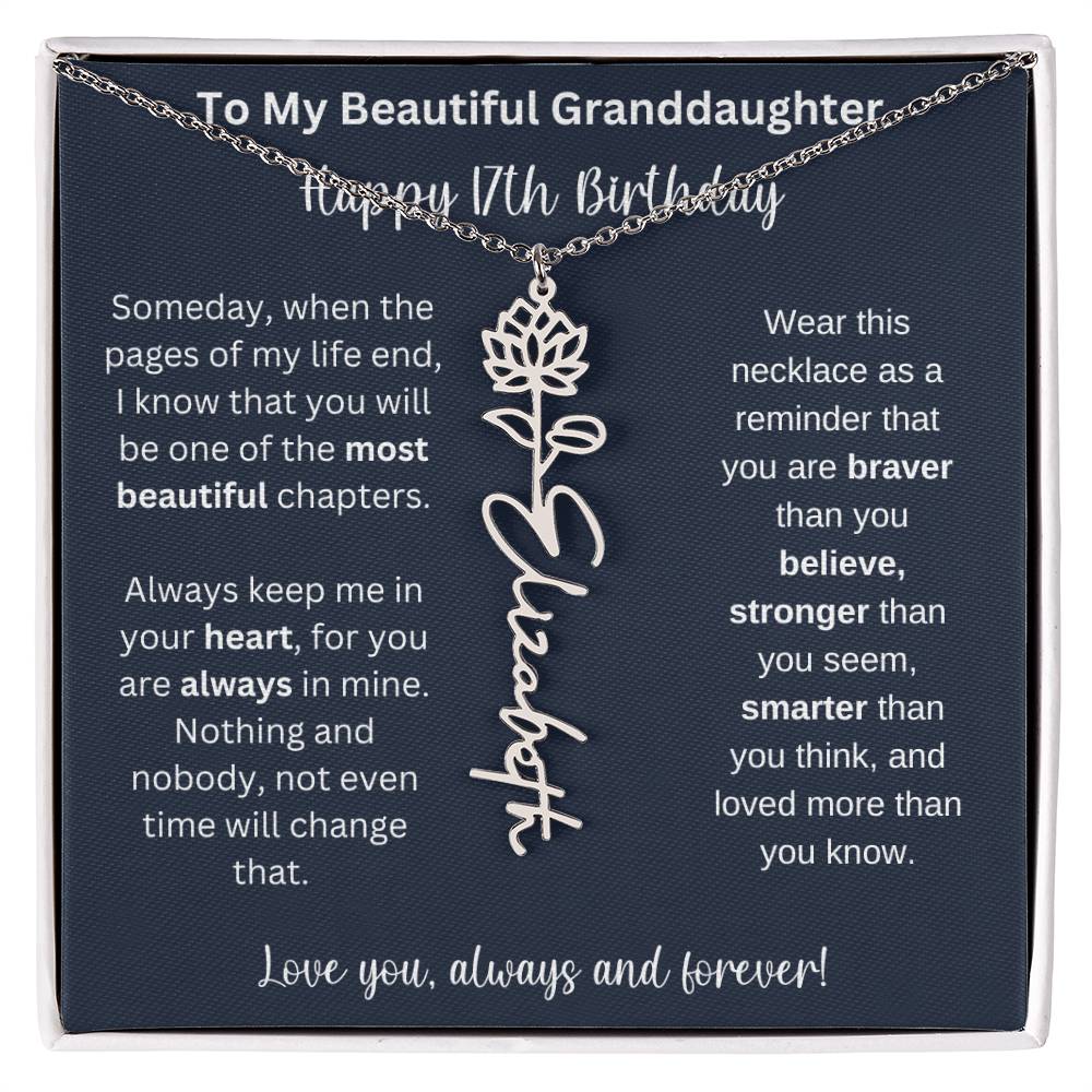 17th Birthday Gift For Granddaughter | Personalized Birth Flower Name Necklace