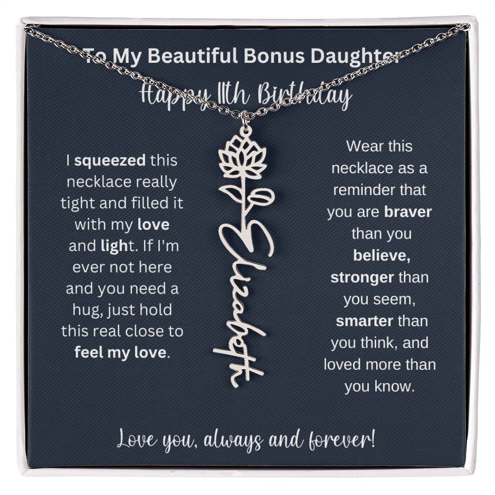 To My Beautiful Bonus Daughter | Happy 11th Birthday | Flower Name Necklace