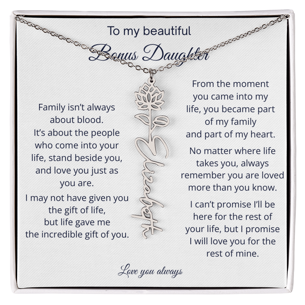 Bonus Daughter Jewelry Gift - Personalized Birth Flower Name Necklace