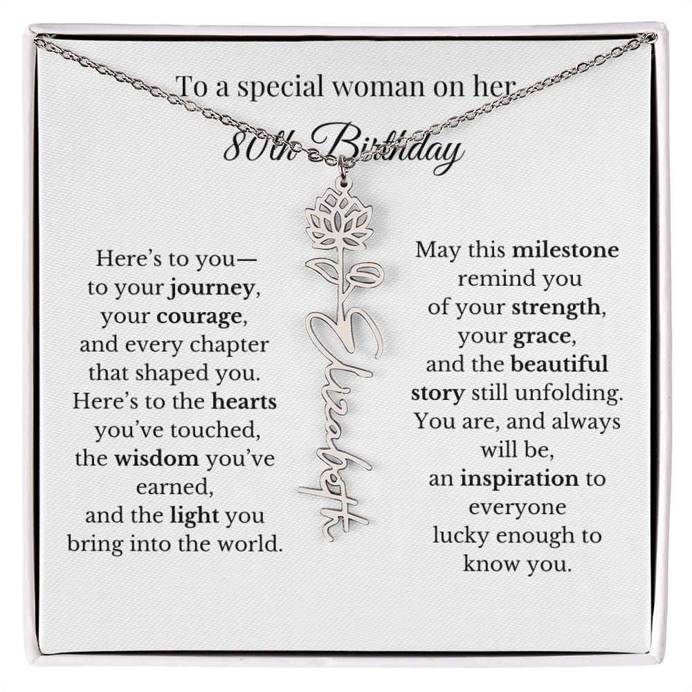 80th Birthday Gift To A Special Woman | Personalized Birth Flower Name Necklace