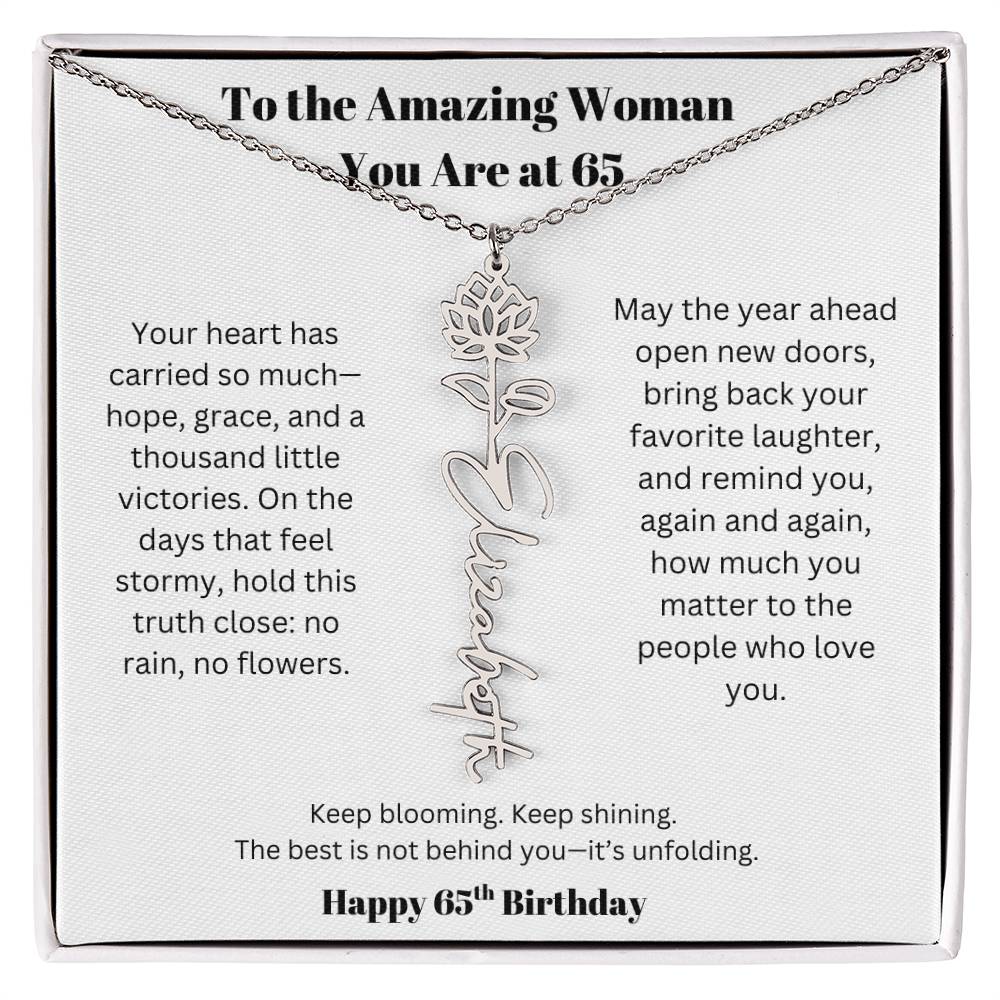 To The Amazing Woman | 65th Birthday Keepsake Jewelry | Flower Name Necklace