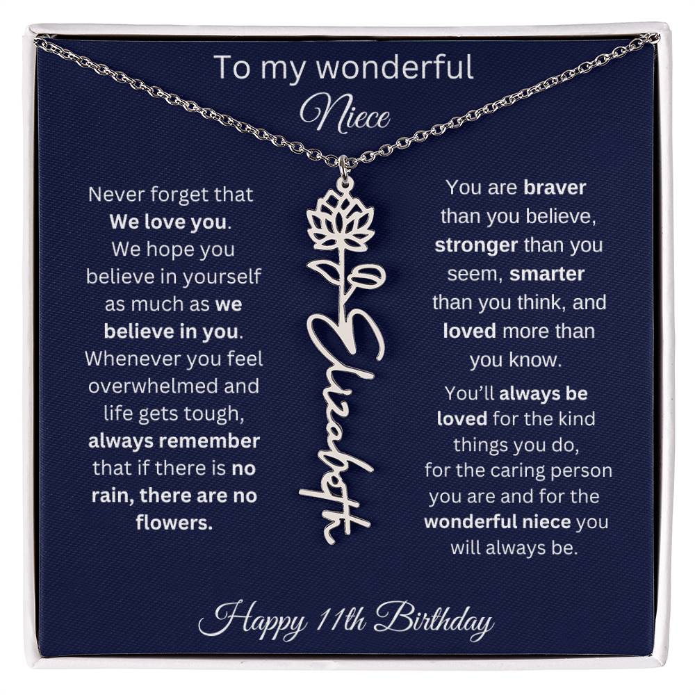 11th Birthday Gift For Niece - Personalized Birthmonth Flower Name Necklace