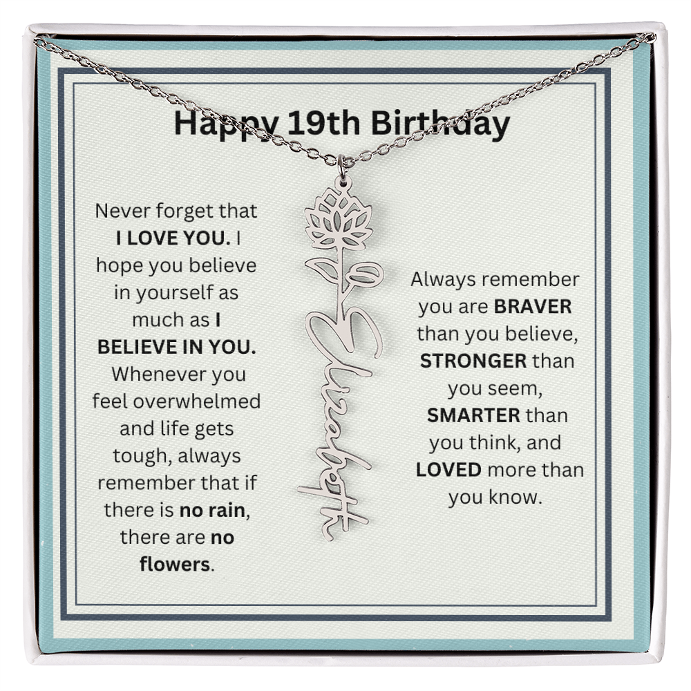 Personalized 19th Birthday Flower Name Necklace Gift
