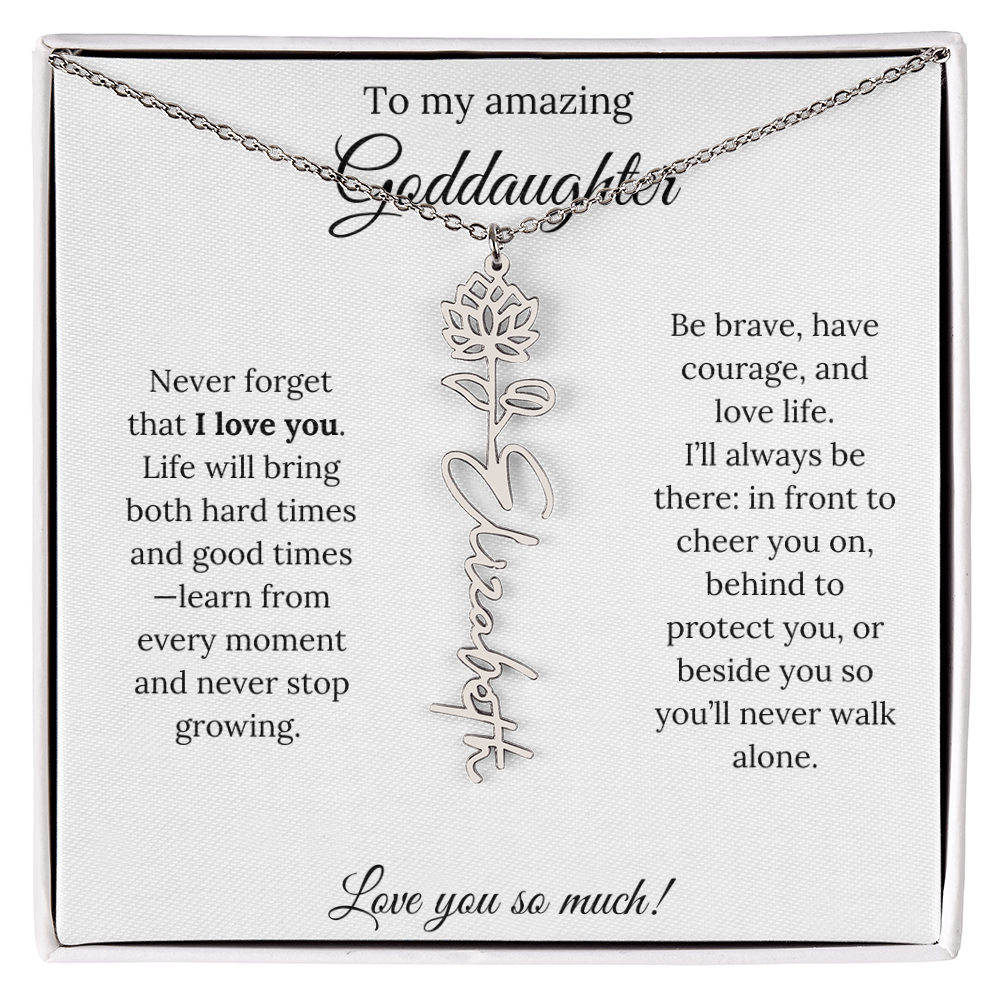 Never Forget I Love You Goddaughter Necklace – Personalized Birth Flower Jewelry + Quote Card Gift for Birthday