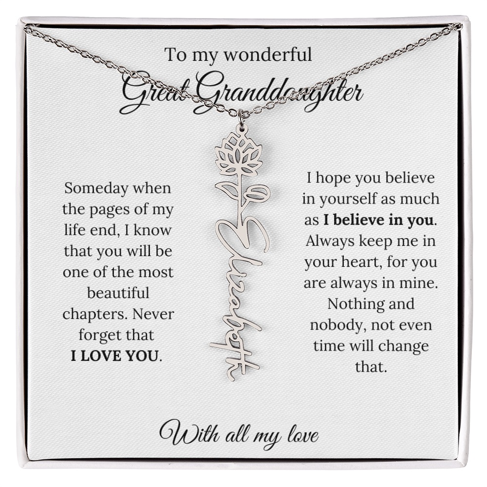 Great Granddaughter Birth Flower Name Necklace – “You Are One of the Most Beautiful Chapters” – Custom Keepsake Jewelry Gift
