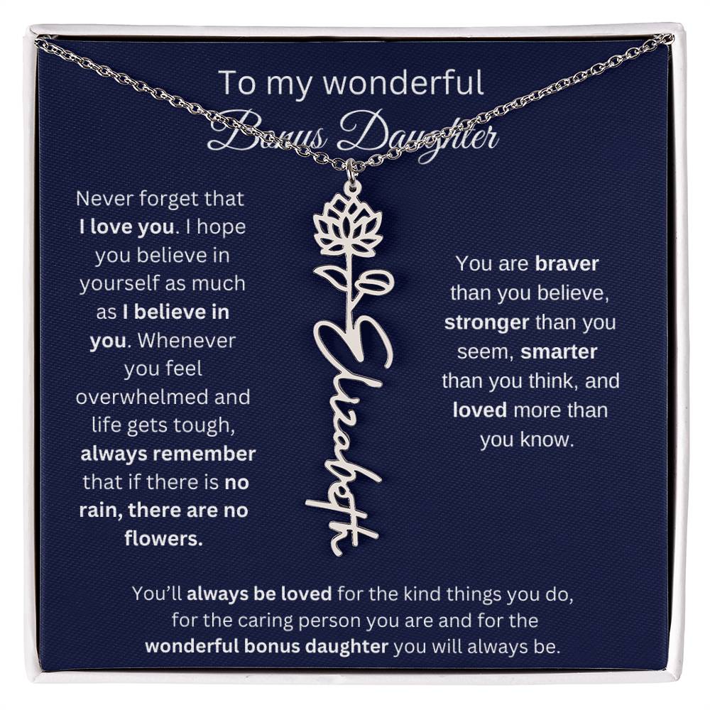To My Wonderful Bonus Daughter - I Love You - Flower Name Necklace