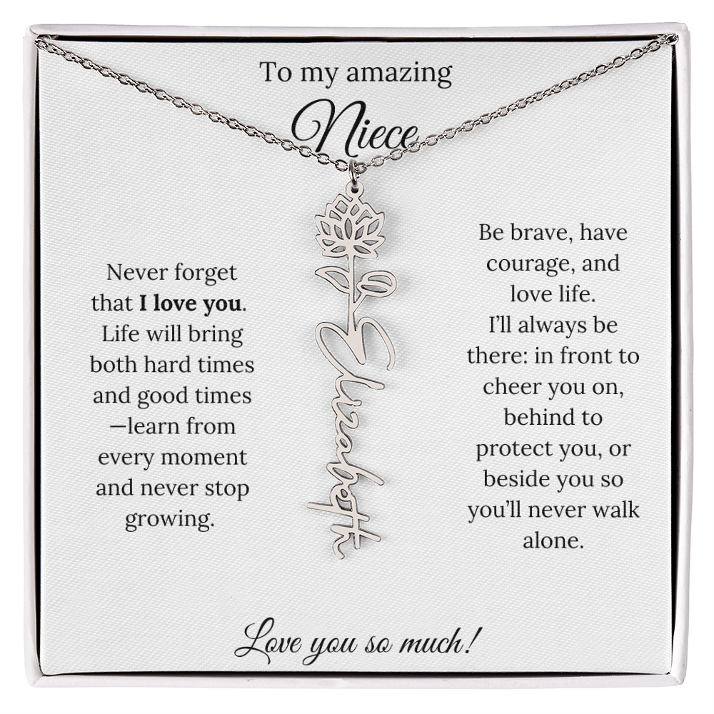 Niece Gift – Birth Flower Name Necklace + Inspiring Message Card