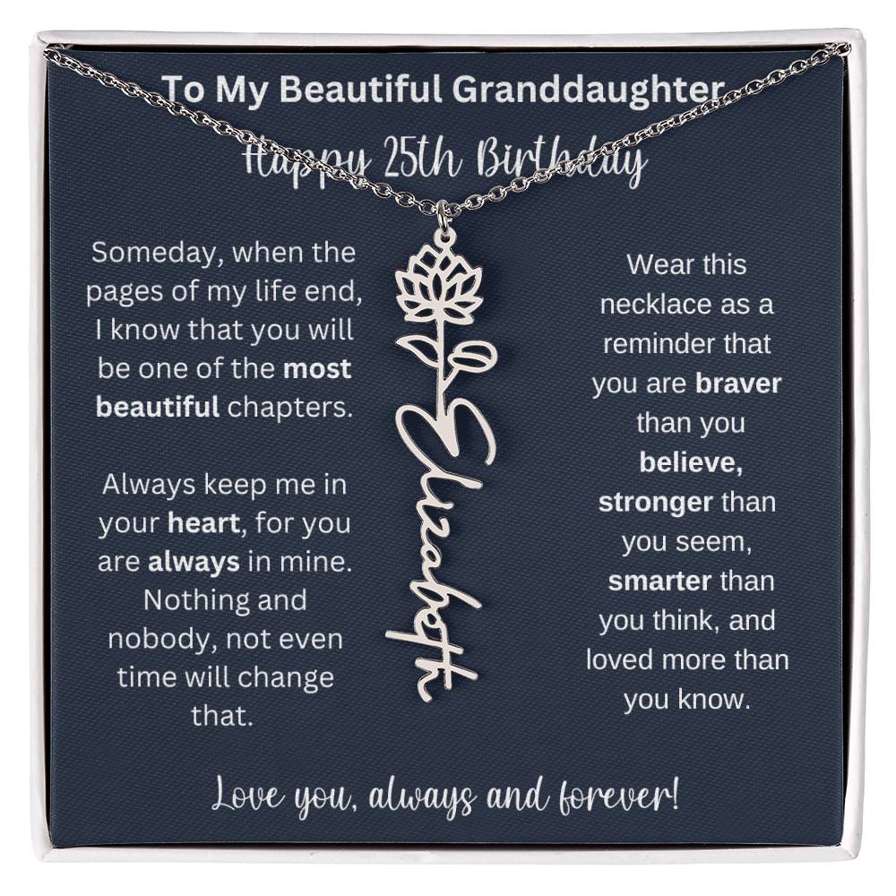 25th Birthday Gift For Granddaughter | Personalized Birth Flower Name Necklace