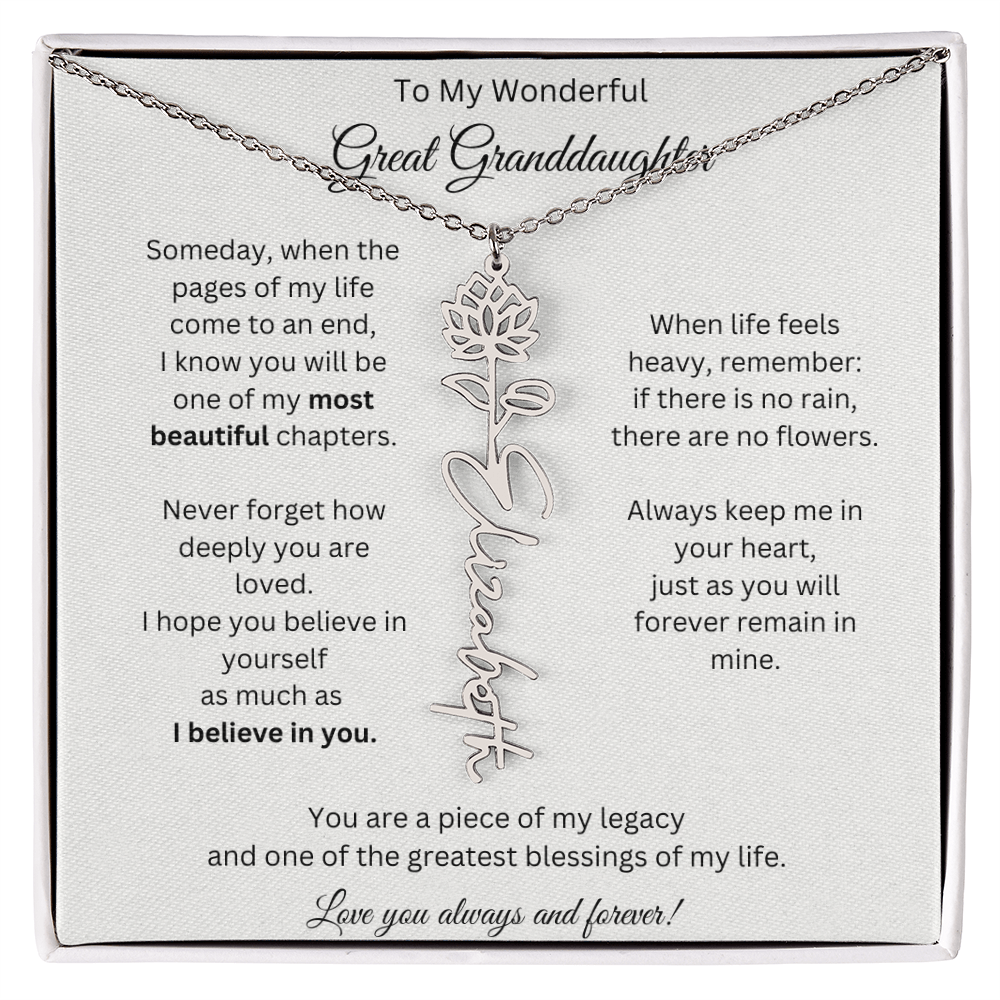 Great Granddaughter Gift - Custom Birth Flower Name Necklace