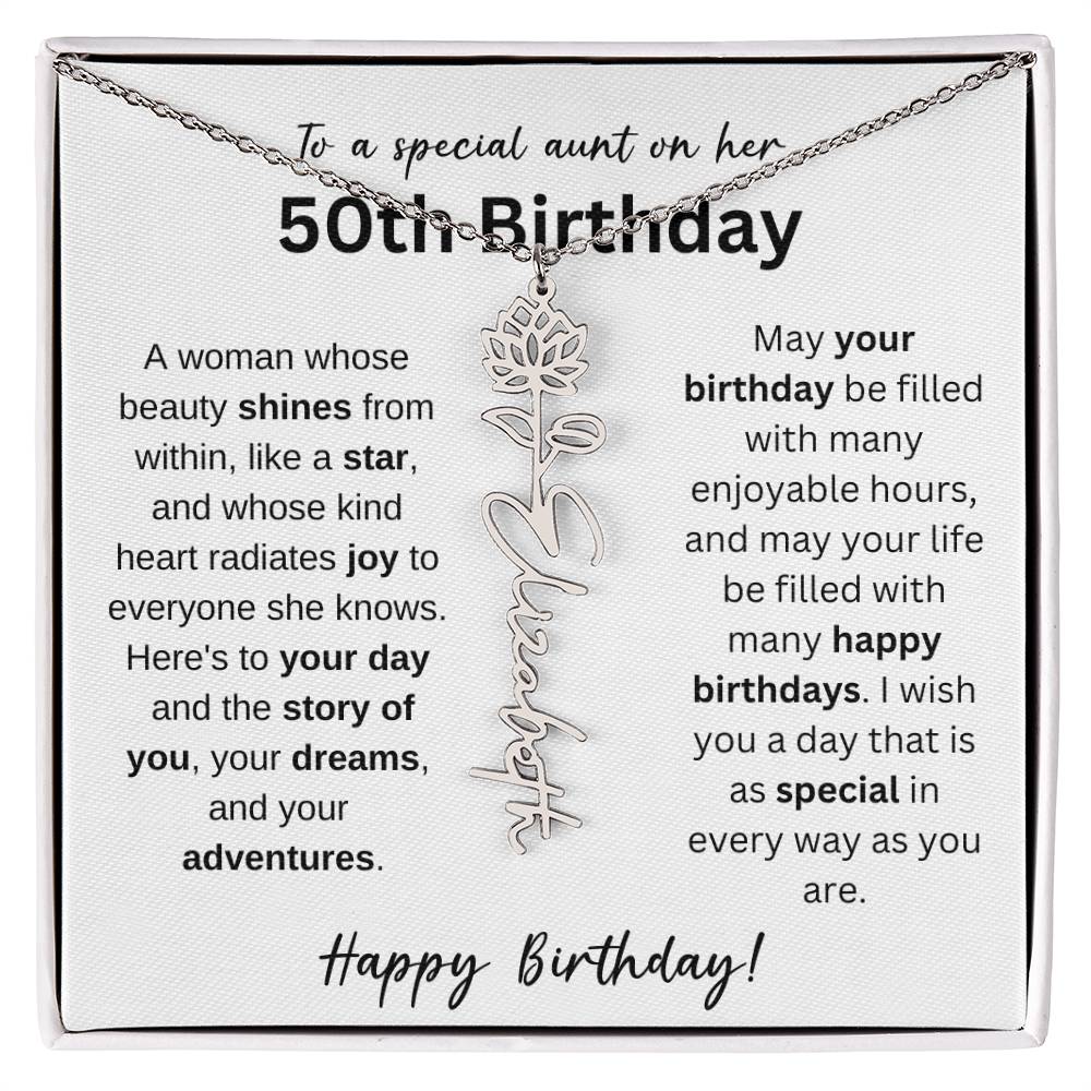 To A Special Aunt Happy 50th Birthday - Flower Name Necklace