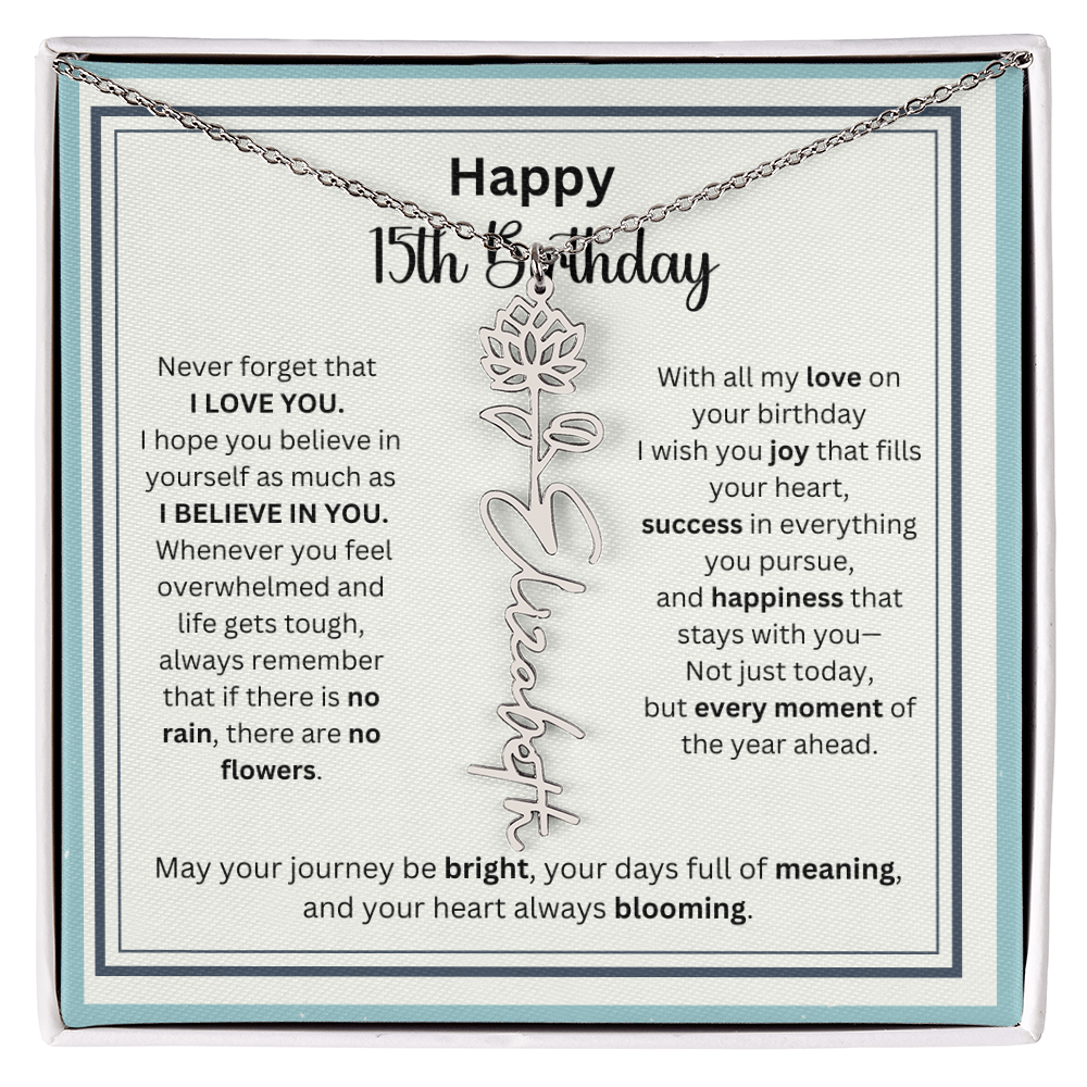 Personalized 15th Birthday Gift for Her - Birth Flower Necklace with Card