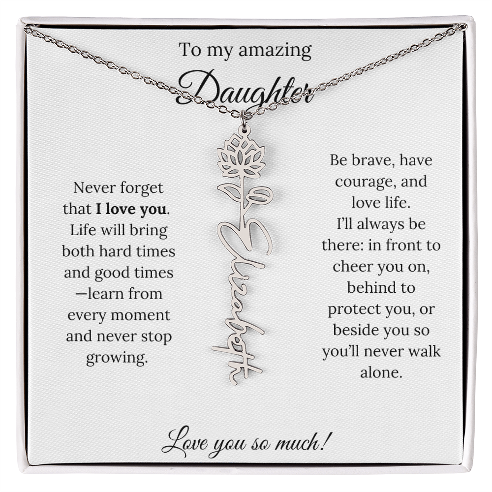 Personalized Daughter Necklace with Birth Flower Name & Inspiring Quote Card